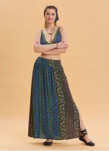 Navy Blue Long Skirt with Elastic Waist and Deep Slit 4502